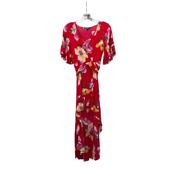 Express Womens Floral Hi Low Wrap Dress Short Sleeve Red/Multi Size XS - Picture 1 of 9